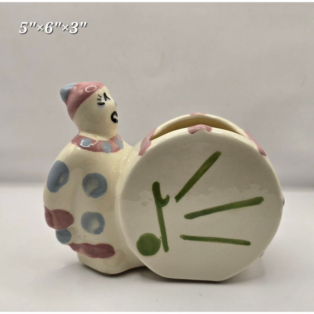Vintage Mid-Century Whimiscal Clown with‎ Bass Drum Ceramic Planter
